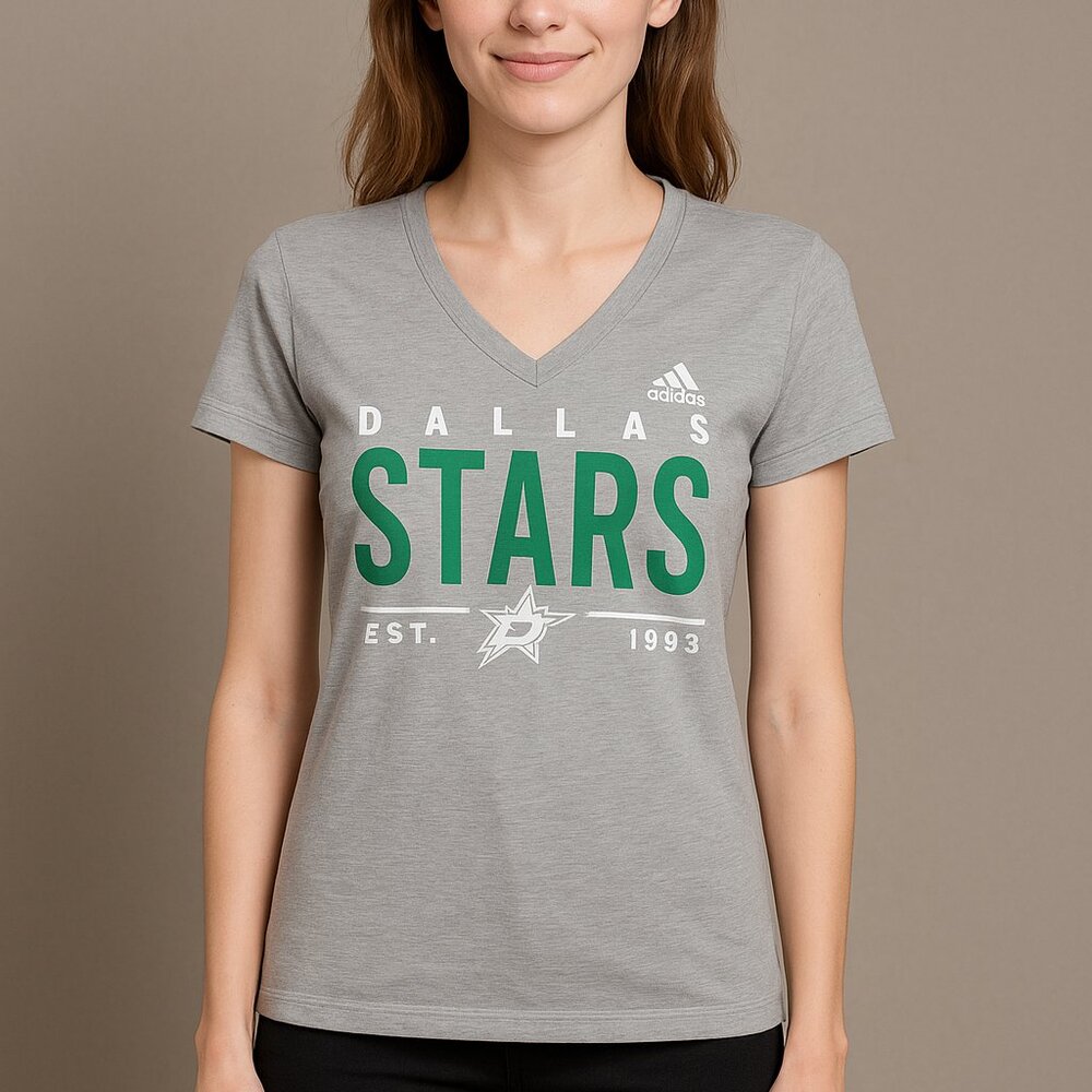 Adidas Dallas Stars Women’s V-Neck Graphic Tee Size Large – Ladies Slim Fit